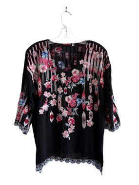JOHNNY WAS Wendy Black Embroidered 3/4 Sleeve Top,XS, Boho Whimsygoth Festival